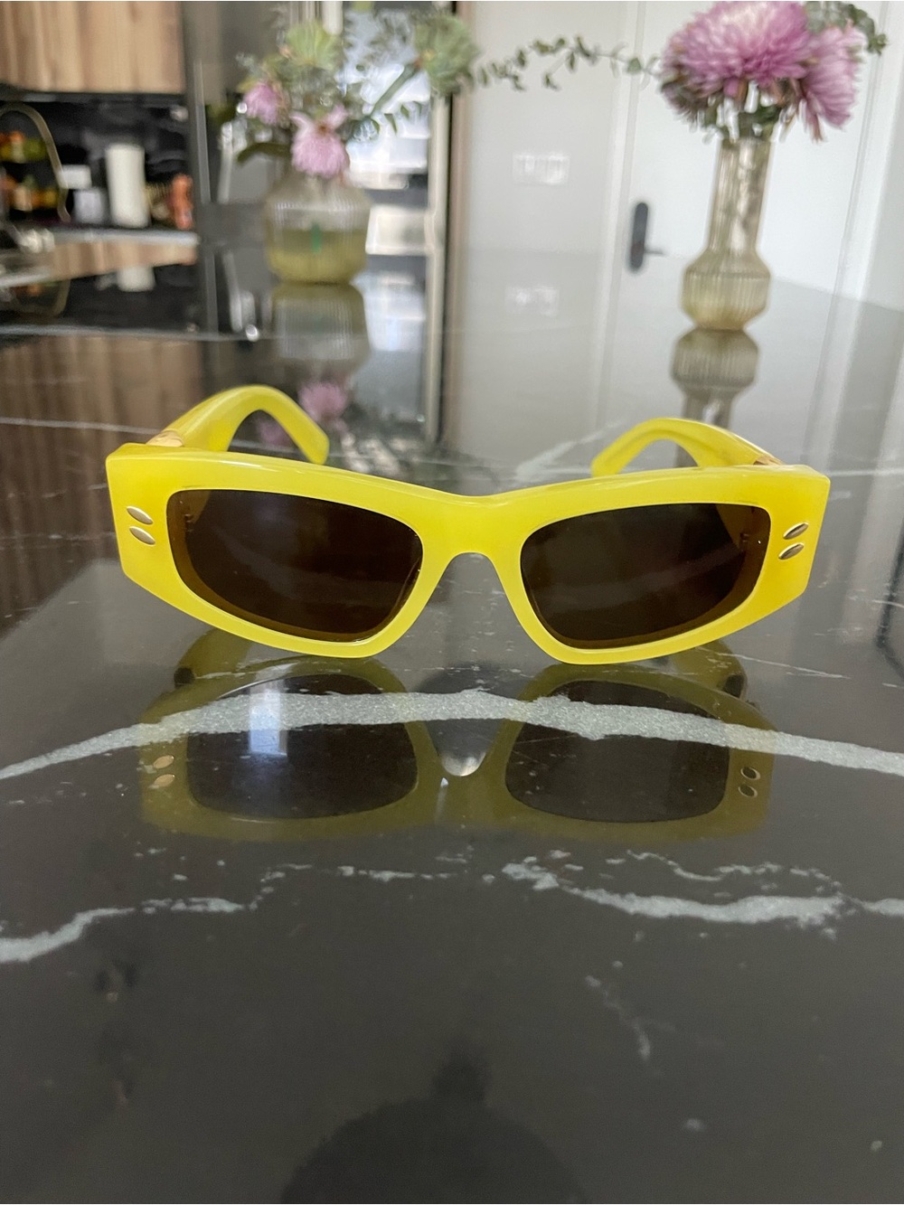 Stella McCartney Falabella Yellow Rectangular Sunglasses with Gold Rope Detail